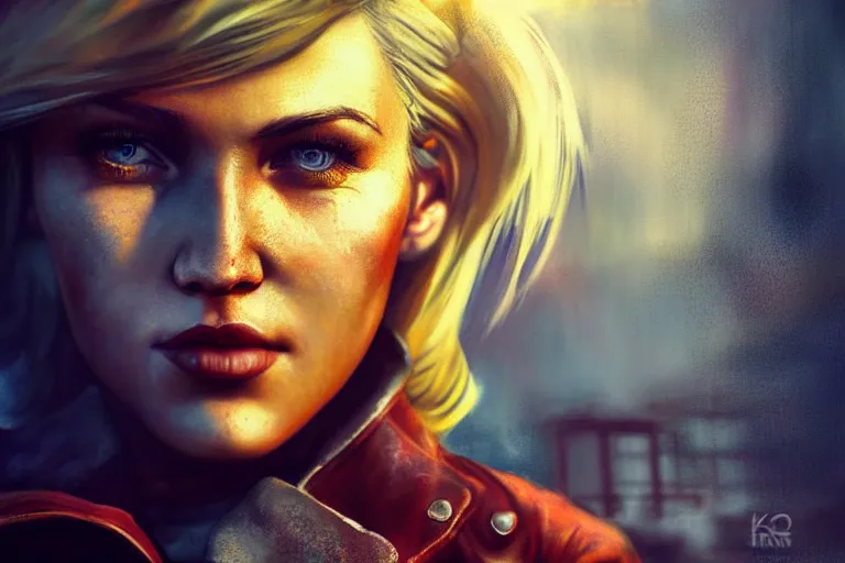 Prompt: fallout 5, charismatic beautiful rugged blonde female protagonist, portrait, outdoors european cityscape, atmospheric lighting, painted, intricate, volumetric lighting, beautiful, night time, autumn, overcast weather, foggy, sharp focus, deep colours, ultra detailed, art by william turner