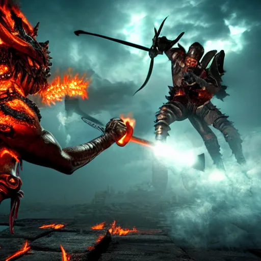 Prompt: Warrior Fighting Demon in Hell ultra detailed, insane detailes, hyper realistic, 8k, photo realistic, volumetric lighting, unreal engine, octane render
