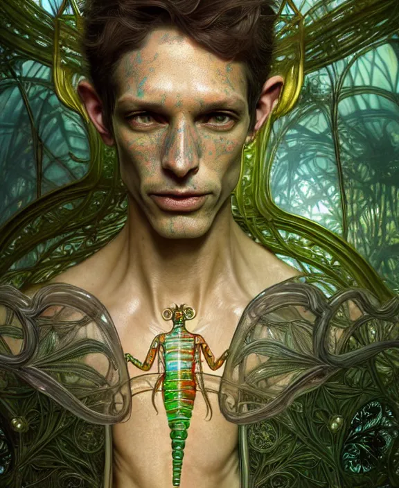 Image similar to intricate ornate opulent transparent clear see - through portrait of a terrifying beautiful skinny male alien centipede, mottled coloring, adorable, childlike, overgrown jungle environment, ultra realistic, concept art, art nouveau, photorealistic, octane render, 8 k, unreal engine. art by christopher marley and artgerm and greg rutkowski and alphonse mucha