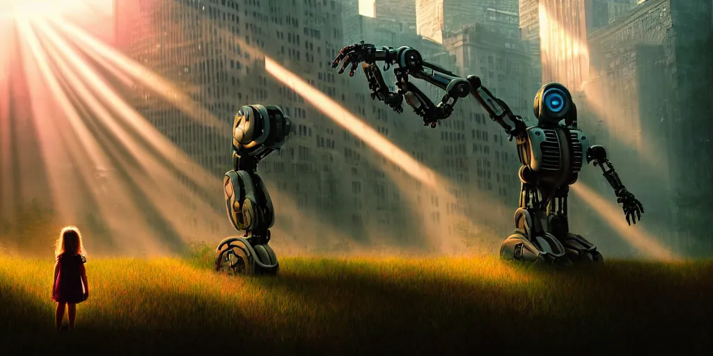 Image similar to sci - fi scene future new york, little girl by herself in the city holding onto the outstretched hand of a giant robot, forest punk, little girl meets robot, crepuscular rays, epic scene, hyper realistic, photo realistic, overgrowth, cinematic atmosphere, ethereal lighting,