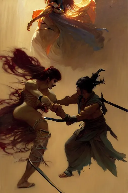 Image similar to An epic fight moment between one a spirit slayer with one female skilled samourai in style of by gaston bussiere, and craig mullins and greg rutkowski and alphonse mucha, awesomenes , concept art world,