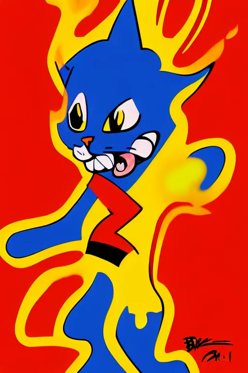 Prompt: a unique character design based on blaze the cat, archie comic style, character splash art, fiery background, sharp art deco bold colored background, oil painting on matte canvas - n 6