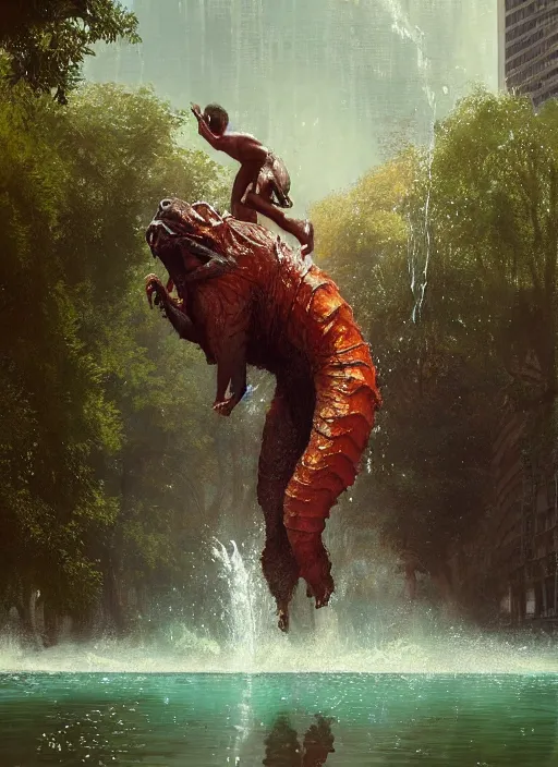 Prompt: huge towering beastly monstrous creature emerging from lake in urban park on sunny day, splashing, partially submerged, water cascading, by sergey kolesov and lawrence alma tadema and norman rockwell and greg staples and craig mullins and john berkey and ruan jia, artstation creature art
