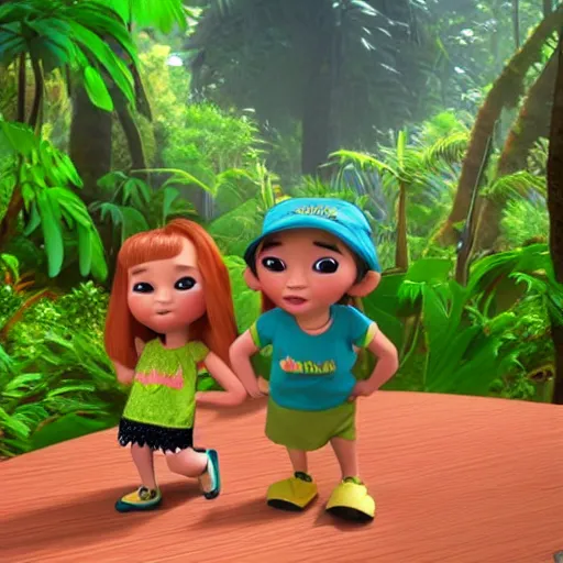 Prompt: girls in rainforest, pixar 3d style