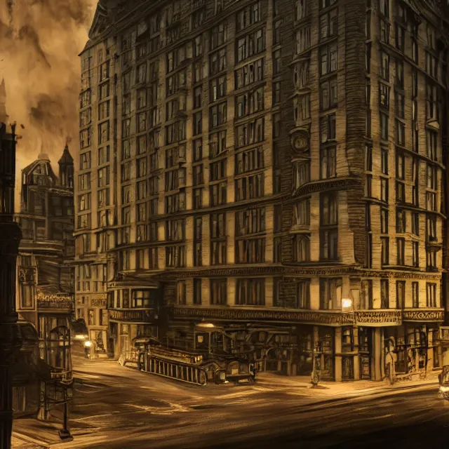 Image similar to action scene painting of a 1 9 2 0 s gothic style hotel in downtown boston, overlooking a dark street, architectural, atmospheric lighting, brooding, painted, intricate, ultra detailed, well composed, best on artstation, cgsociety, epic, horror, stunning, gorgeous, intricate detail, much wow, masterpiece, cinematic aesthetic octane render, 8 k hd resolution,