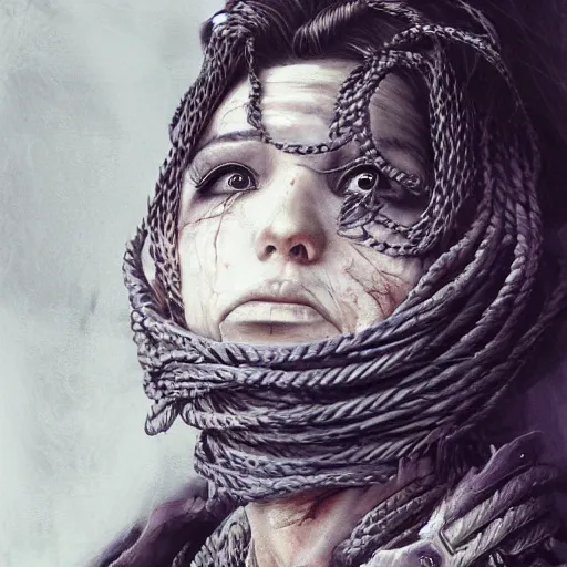 Image similar to portrait of a Shibari rope wrapped face and neck, headshot, insanely nice professional hair style, dramatic hair color, digital painting, of a old 15th century, old cyborg merchant, amber jewels, baroque, ornate clothing, scifi, realistic, hyperdetailed, chiaroscuro, concept art, art by Franz Hals and Jon Foster and Ayami Kojima and Amano and Karol Bak,