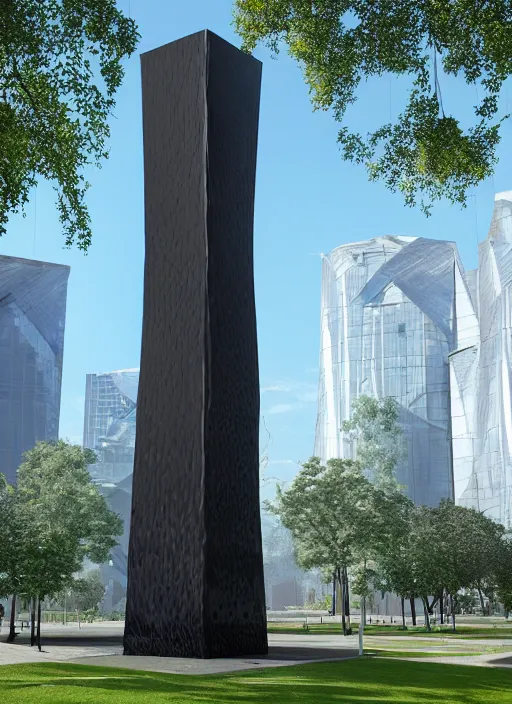 Prompt: highly detailed architecture render of a huge high futuristic metallic stele sculpture standing in city park, archdaily, made in unreal engine 4