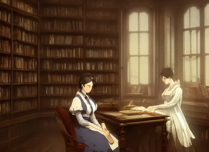 Prompt: victorian britain 1 8 3 5, elderly florence nightingale sitting writing letters in the library of a english victorian manor. light from a window on the left, finely detailed perfect art, gapmoe yandere grimdark, trending on pixiv fanbox, painted by greg rutkowski makoto shinkai takashi takeuchi studio ghibli