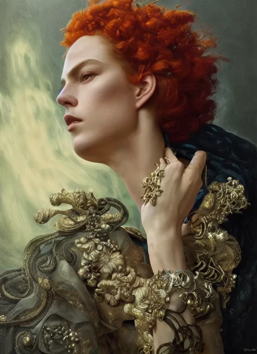 Prompt: highly detailed oil painting | very intricate | cinematic lighting | award - winning | waratah fashion by alexander mcqueen | by roberto ferri, by tom bagshaw, by j. c. leyendecker and klimt, american romanticism, by austin osman spare, artstation, cgsociety, official art, octane