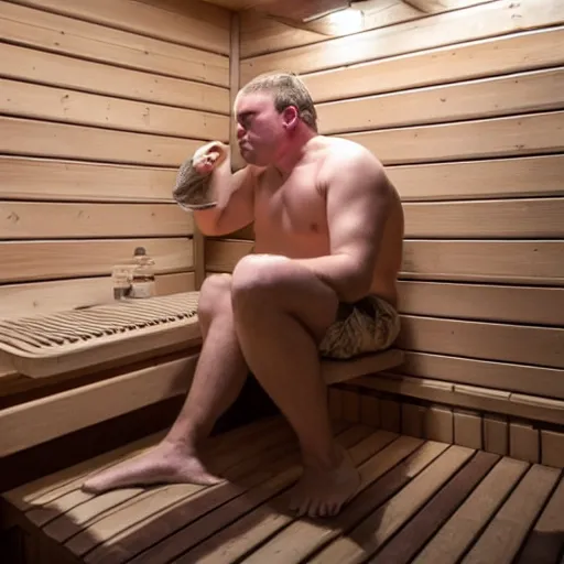 Prompt: photo of redneck washing himself in sauna