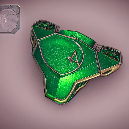 Image similar to shiny metallic amulet with a glowing emerald, highly detailed, concept art, beautiful, octane render, realistic, underwater