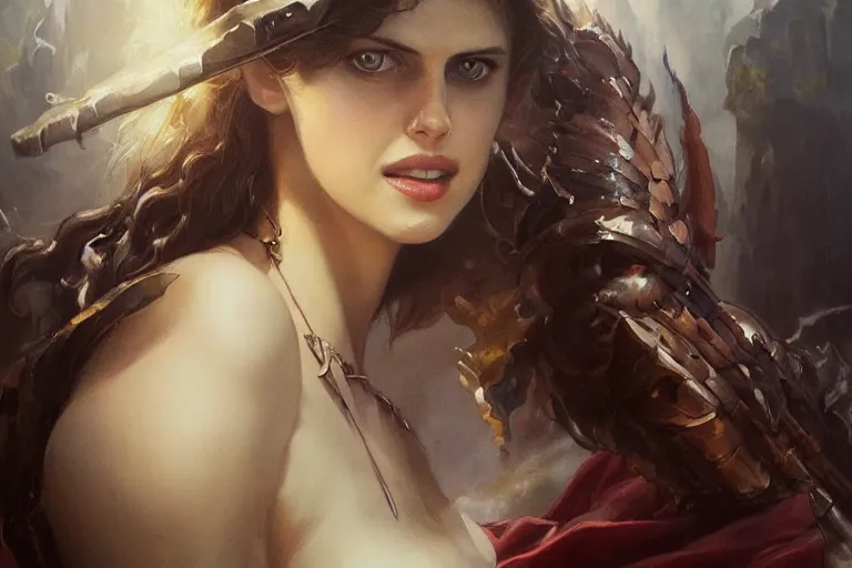 Image similar to A beautiful oil painting of a Alexandra Daddario, by Lucas Graciano, Frank Frazetta, Greg Rutkowski, Boris Vallejo, epic fantasy character art, high fantasy, Exquisite detail, post-processing, low angle, masterpiece, cinematic