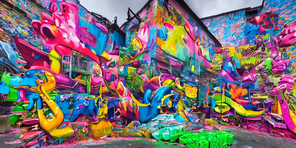 Prompt: in the realm full of colorful 3 d graffiti, ultra realistic, extremely high definition, highly detailed and intricate masterpiece