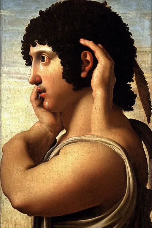 Image similar to renaissance painting of man, short black hair, pleading face, tears dripping from the eyes, emotions closeup, dressed in roman armour, the Eden garden, ultra detailed, art by Guido Reni style, Vincenzo Catena style