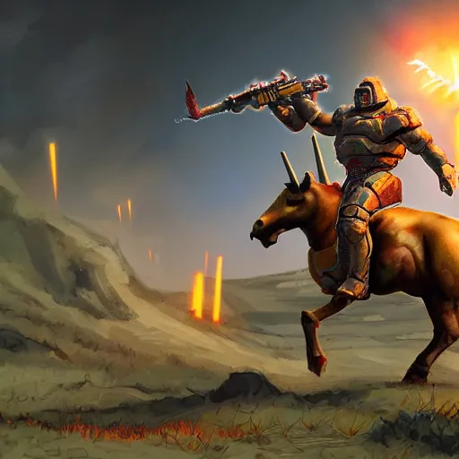 Image similar to doomguy riding a unicorn, game art, trending on artstation