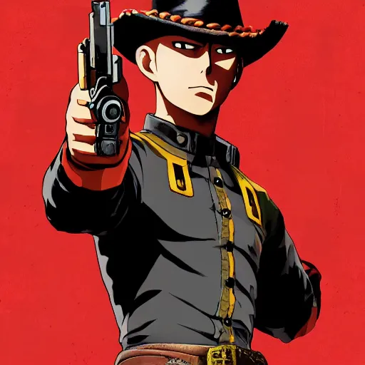 Image similar to an artistic portrait of one punch man holding gun in the red dead redemption 2 character art style, digital art, trending on artstation, behance, ray tracing x, wet reflections, unreal engine 5, intricate details, fantasy, hyper realism, humongous view, smooth, cinematic