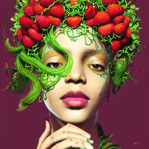 Image similar to the portrait of an absurdly beautiful, graceful, elegant, sophisticated, fashionable black woman made of strawberries and green petals looking up, an ultrafine hyperdetailed illustration by kim jung gi, irakli nadar, intricate linework, bright colors, octopath traveler, final fantasy, unreal engine 5 highly rendered, global illumination, radiant light, detailed and intricate environment