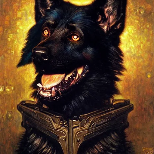 Prompt: a portrait of a black german shepard dogman canine viking with human eyes smiling holding computer console. shadowrun cyberpunk fantasy d & d highly detailed painting by gaston bussiere craig mullins jc leyendecker gustav klimt artgerm greg rutkowski