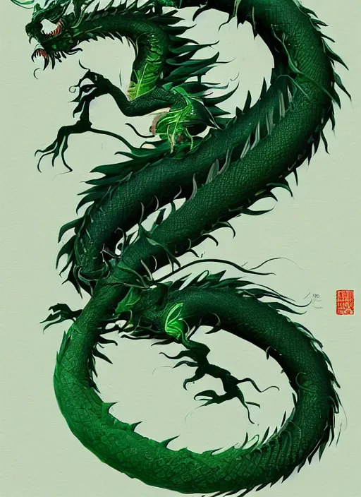 Prompt: a beautiful full - body green chinese dragon, wisdom, magical render in maya by peter mohrbacher and kentaro miura, artstation, 8 k ivan laliashvili, james gurney poster style