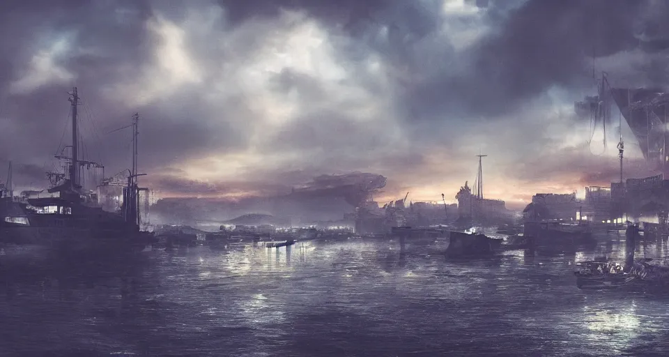 Image similar to The sky above the port was the colour of television, tuned to a dead channel, dramatic lighting, cinematic, establishing shot, extremely high detail, photo realistic, cinematic lighting, post processed, concept art, matte painting