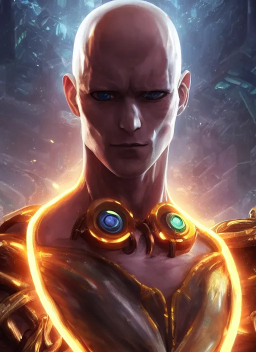 Prompt: biopunk portrait of saitama as a champion from league of legends, au naturel, hyper detailed, digital art, trending in artstation, cinematic lighting, studio quality, smooth render, unreal engine 5 rendered, octane rendered, art style by pixar dreamworks warner bros disney riot games and arcane.