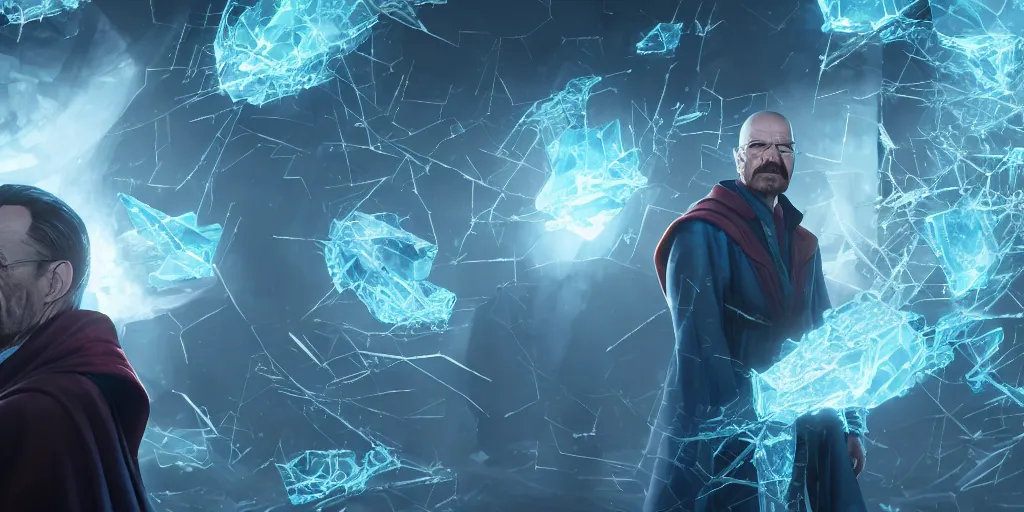 Prompt: walter white as doctor strange, long shadow, light colors, blue magic, ice, blue ice, by greg rutkowski, multiple dimensions, shattered glass, refractions, highly detailed, environmental light, cinematic by francis tnehunreal, octane render, nvidia, concept art, close up