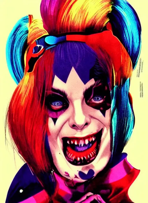 Prompt: beautiful lady gaga as harley quinn, horror, high details, bright colors, vivid, intricate details, by vincent di fate, artgerm julie bell beeple, 1 9 8 0 s, inking, vintage 8 0 s print, screen print