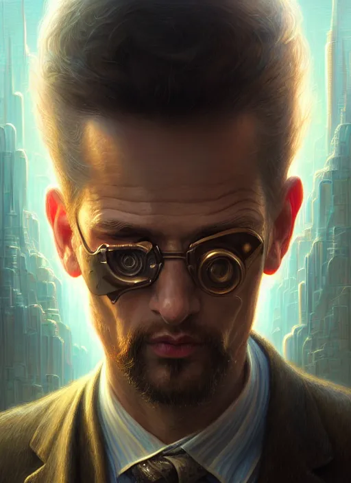 Image similar to closeup portrait shot of a male sleuth in a scenic cyberpunk environment, intricate, elegant, highly detailed, centered, digital painting, artstation, concept art, smooth, sharp focus, illustration, artgerm, tomasz alen kopera, peter mohrbacher, donato giancola, joseph christian leyendecker, wlop, boris vallejo