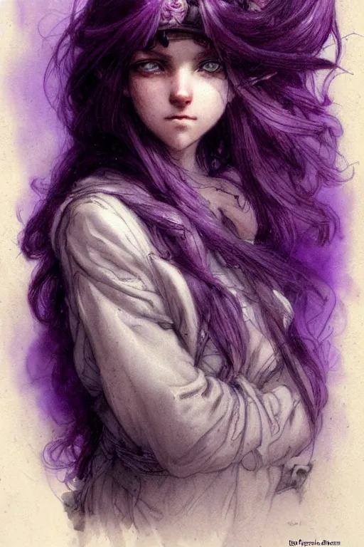 Prompt: character art by jean - baptiste monge, young woman, purple hair, glowing purple eyes