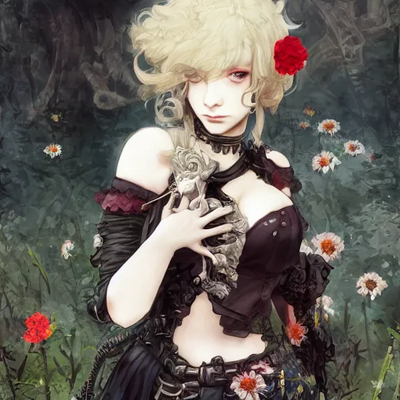 Image similar to goth christina hendricks with flowers in her hand, tankoban, 4 k, tone mapping, akihiko yoshida, james jean andrei riabovitchev marc simonetti, yoshitaka amano, long hair, curly, h. hydrochaeri