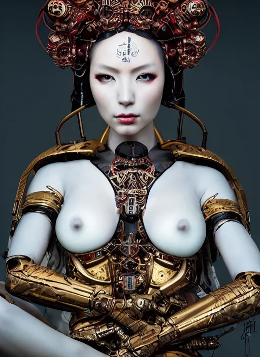 Prompt: portrait of a sensual futuristic geisha cyborg, latex, modern fine art, fractal, intricate ornaments, elegant, highly detailed, digital photography, subsurface scattering, by jheronimus bosch and greg rutkowski,