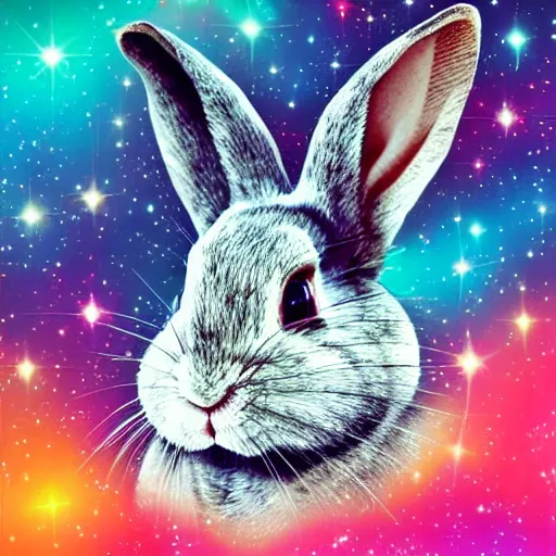 Prompt: complicated rabbit's face only with nebula space background, higher realistic, melting