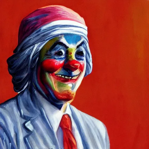 Image similar to george bush wearing tinfoil hat painting osama bin laden clown