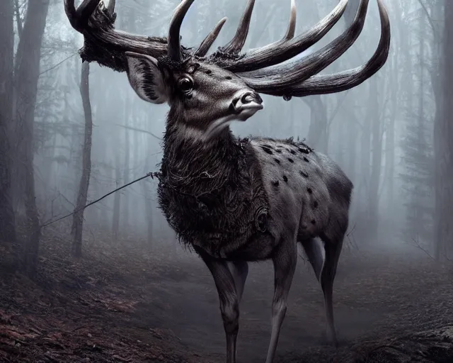 Image similar to 5 5 mm portrait photo of an armored demonic undead deer with antlers, in a magical forest looking at the camera. dark atmosphere. art by greg rutkowski and luis royo. highly detailed 8 k. intricate. lifelike. soft light. nikon d 8 5 0.