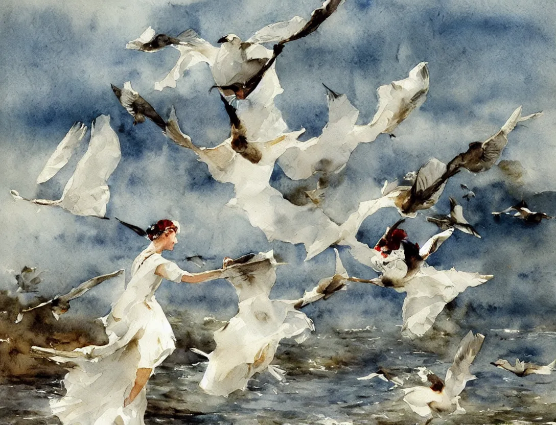 Image similar to watercolor by anders zorn, flying birds, water, white dress, windmill