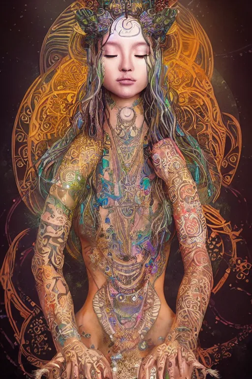 Prompt: a centered full body render of an alluring festival hippy with tribal tattoos wearing intricate metallic clothing surrounded by a underwater ink pour and flowing liquid gallium and sacred geometry, perfect body and face, gorgeous, cinematic, beautifully lit, by miho hirano, by karol bak, by donato giancola, 3 d, trending on artstation, octane render, 8 k