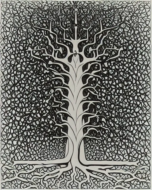 Image similar to “Infinity tree, geometric art by M.C. Escher, engraving, 1961”