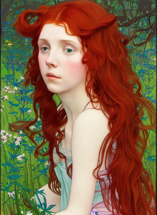 Prompt: pretty young woman resembling millie bobby brown with long red hair asleep in the forest, path traced, highly detailed, high quality, digital painting, by studio ghibli and alphonse mucha, leesha hannigan, hidari, art nouveau, chiho aoshima, jules bastien - lepage