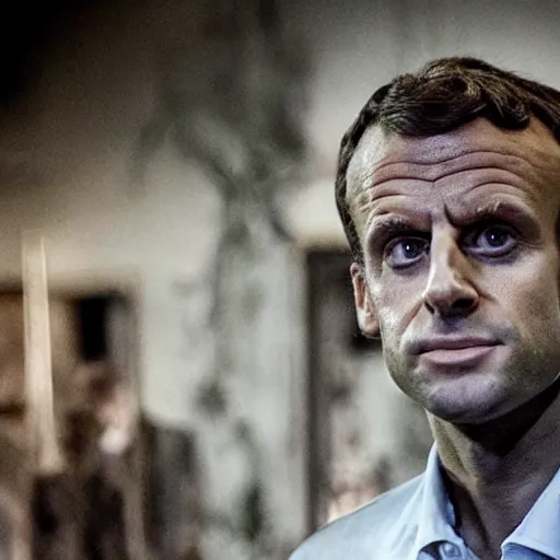 Prompt: Emmanuel Macron as a zombie in The Walking dead