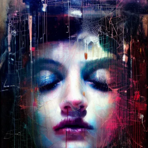 Image similar to portrait of a beautiful young woman cyber dreamer glitchcore wires, machines, by jeremy mann, francis bacon and agnes cecile, and dave mckean ink drips, paint smears, digital glitches glitchart