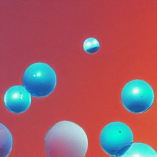 Prompt: glass spheres on a red cube, diffraction