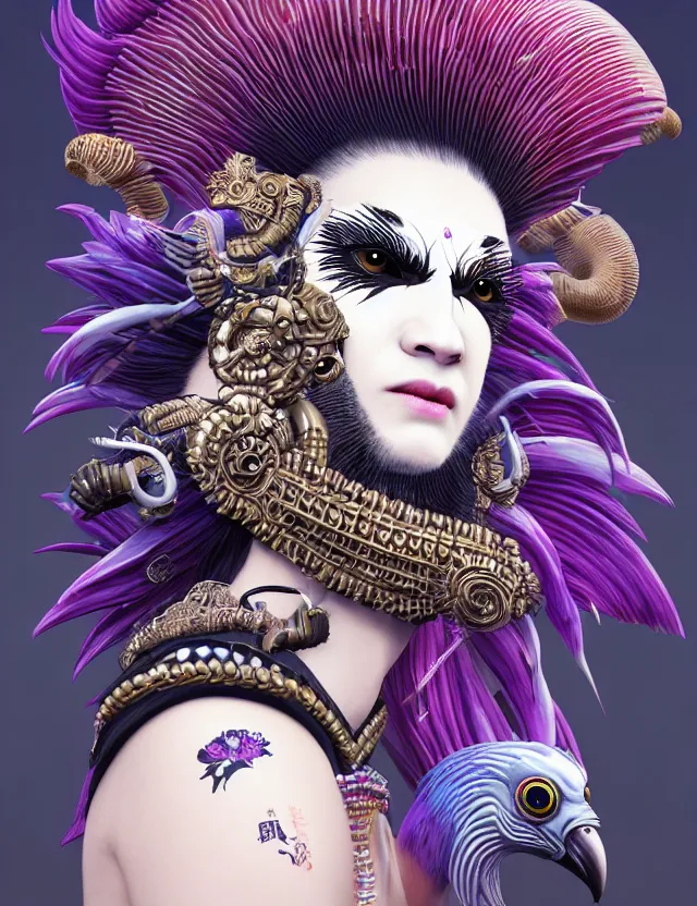 Image similar to 3 d goddess close - up profile portrait punk with mohawk with ram skull. beautiful intricately detailed japanese crow kitsune mask and clasical japanese kimono. betta fish, jellyfish phoenix, bio luminescent, plasma, ice, water, wind, creature, artwork by tooth wu and wlop and beeple and greg rutkowski