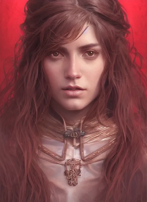 Image similar to vertical portrait of a ruggedly handsome female cleric, soft hair, close - up face, leather, witchy, d & d, fantasy, intricate, elegant, highly detailed, digital painting, artstation, concept art, smooth, sharp focus, illustration, art by artgerm and greg rutkowski and alphonse mucha, plain red background