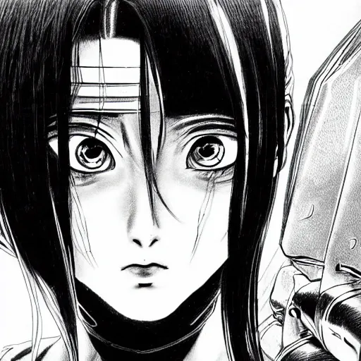 Image similar to alita by yukito kishiro. medium shot. black and white manga. pencil drawing.