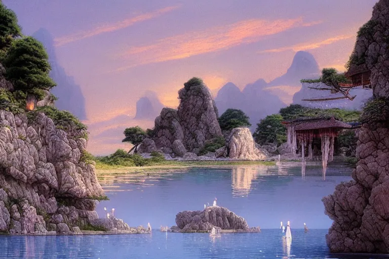 Image similar to an oriental palace made of immaculate white stones that emit light planted at the edge of a waterless ocean under a twilight light, blue sky without clouds, people angling at the edge, crystalline rock, pastel shades, style of michael whelan