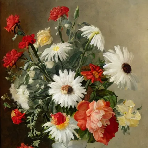 Image similar to a still life of a vase of flowers with a mix of roses daisies and lilies.