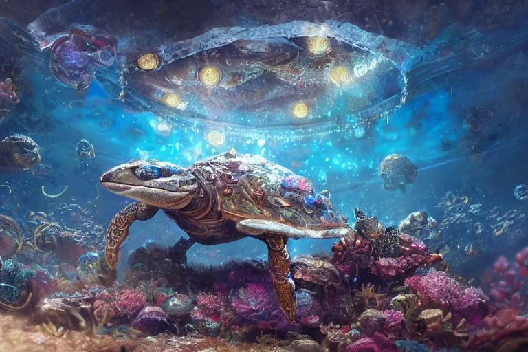 Image similar to beautiful painting of a huge caretta wearing an armour of jewels and golden beetles in ocean coral reef, water bubbles, intricate details, realistic shaded , steampunk, highly detailed, artstation, illustration by Greg Rutkowski and Ruan Jia , octane render, dynamic light, volumetric light, neon lights, cinematic mood