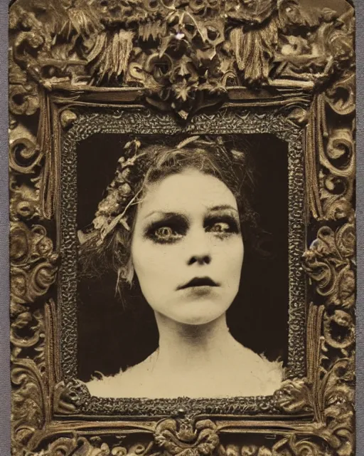 Image similar to a beautiful detailed front view portrait of a dead rotten princess with cyberpunk ornate growing around, ornamentation, elegant, beautifully soft and dramatic lit, 1 9 1 0 polaroid photo