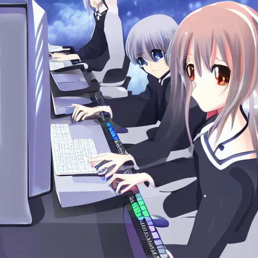 Prompt: anime girls using a computer, pixiv