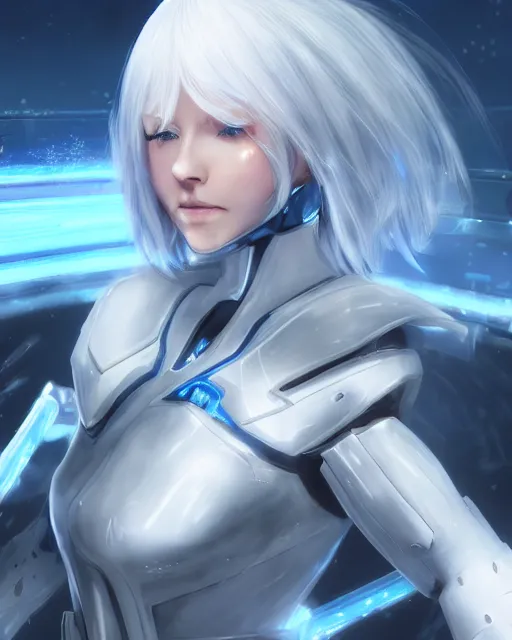 Prompt: perfect white haired girl, warframe armor, beautiful, dreamy, half asian, pretty face, blue eyes, detailed, windy weather, futuristic background, glow, scifi platform, laboratory, experiment, 4 k, ultra realistic, epic lighting, cinematic, high detail, masterpiece, akihito tsukushi